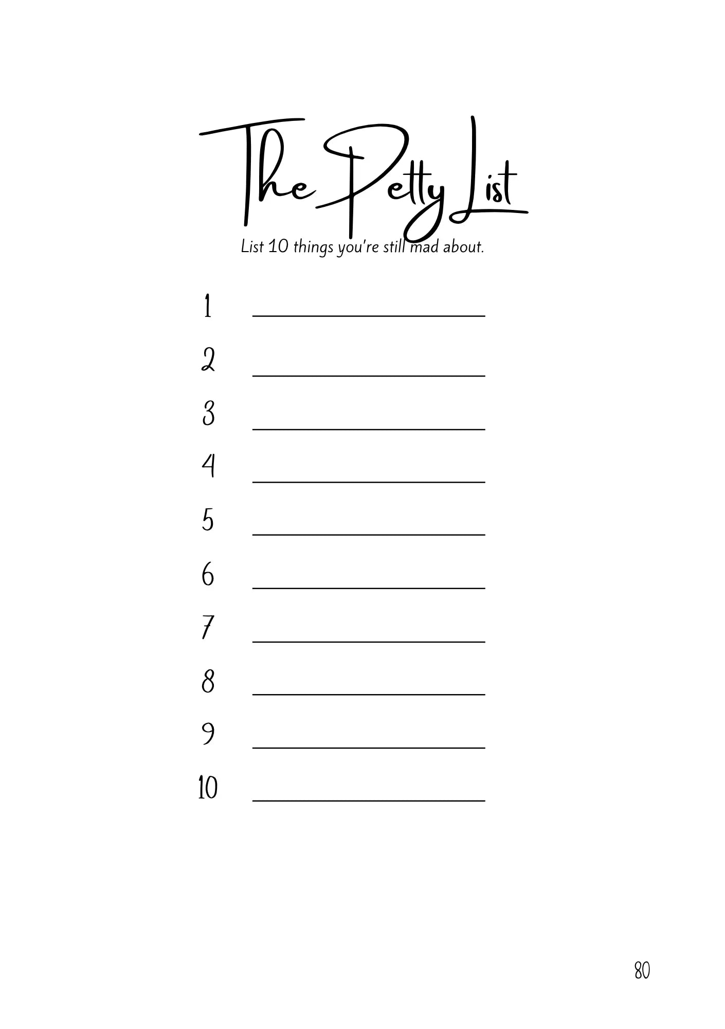 Page from the Adult Prompt Journal - Ink & Attitude featuring "The Petty List" with space to list 10 grievances.
