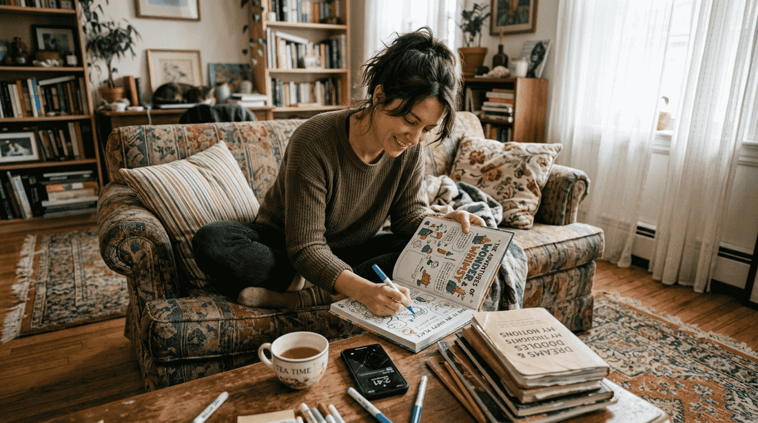 Person relaxing with quirky activity books on sofa