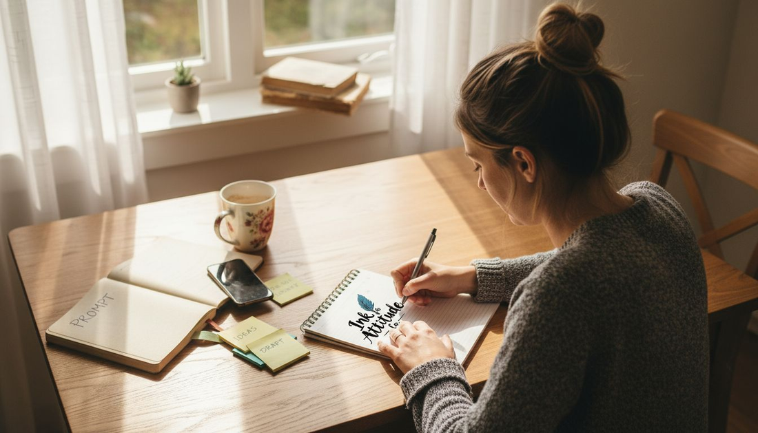 Woman writing creative prompts in sunlit kitchen