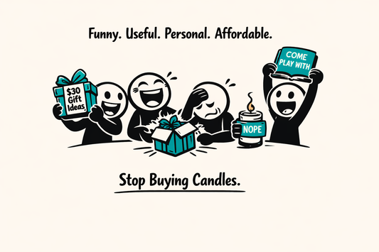 Black text on off white background with stick figures laughing and holding gifts. Ink & Attitude Co. Funny Useful Personal Affordable 