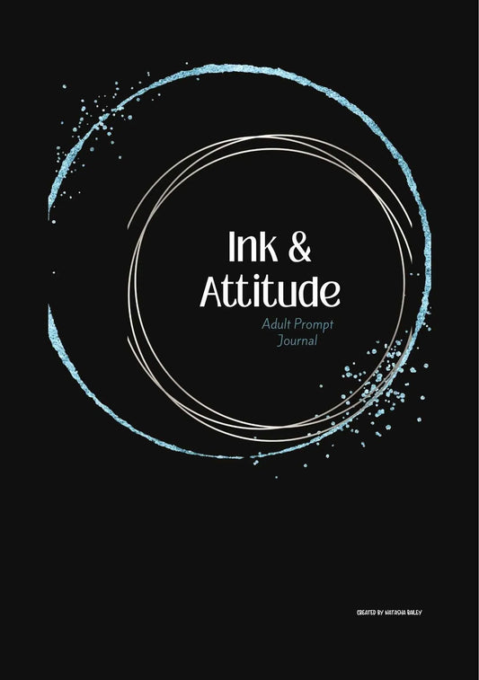 Book cover with stick figure illustrations and text on a black background Ink & Attitude - Adult Prompt Journal