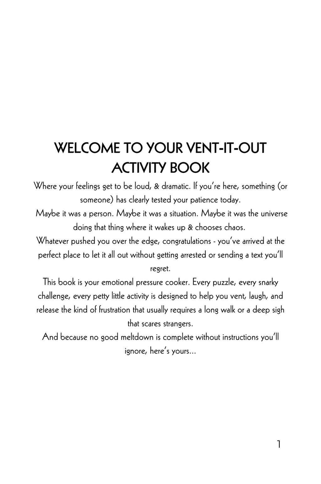 Open page of adult activity book with black text on white background, featuring humorous and motivational content for venting and stress relief.