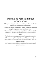 Open page of adult activity book with black text on white background, featuring humorous and motivational content for venting and stress relief.