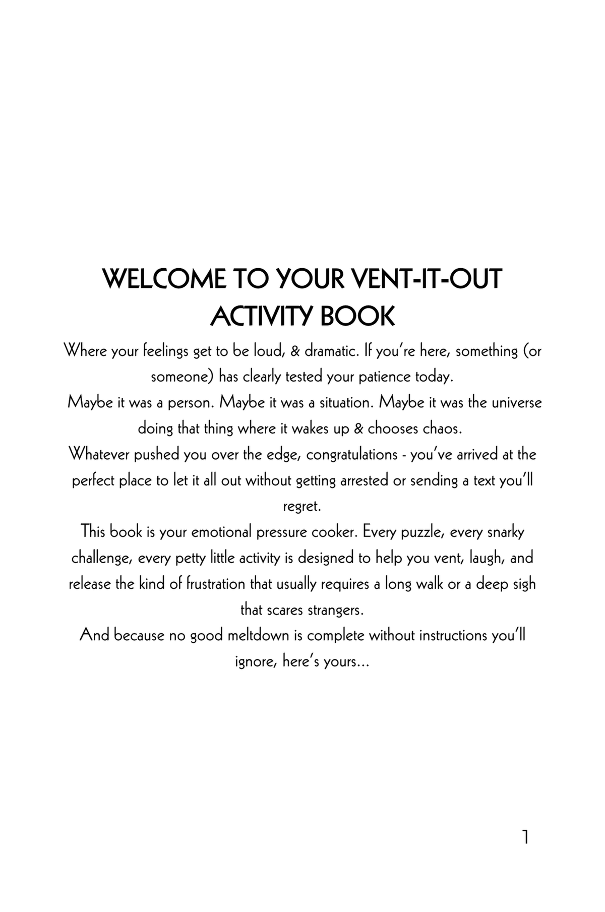 Open page of adult activity book with black text on white background, featuring humorous and motivational content for venting and stress relief.