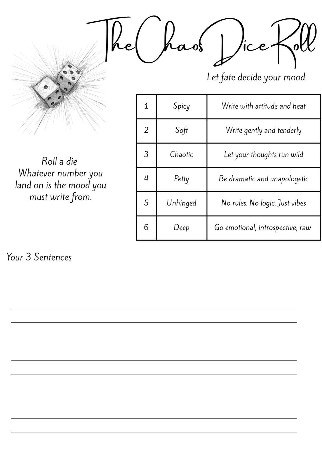 A printable worksheet page titled 'The Chaos Dice Roll' with instructions to roll a die and write three sentences based on the outcome. The page includes a small illustration of two dice, a numbered list of mood descriptors (Spicy, Soft, Chaotic, Party, Unhinged, Deep), and lined writing areas on a white background.