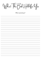 White lined Page Black font reading What this book held for you?