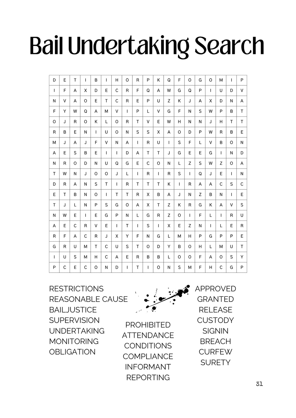 Word search puzzle titled 'Bail Undertaking Search' with various legal and detention-related terms, black and white grid