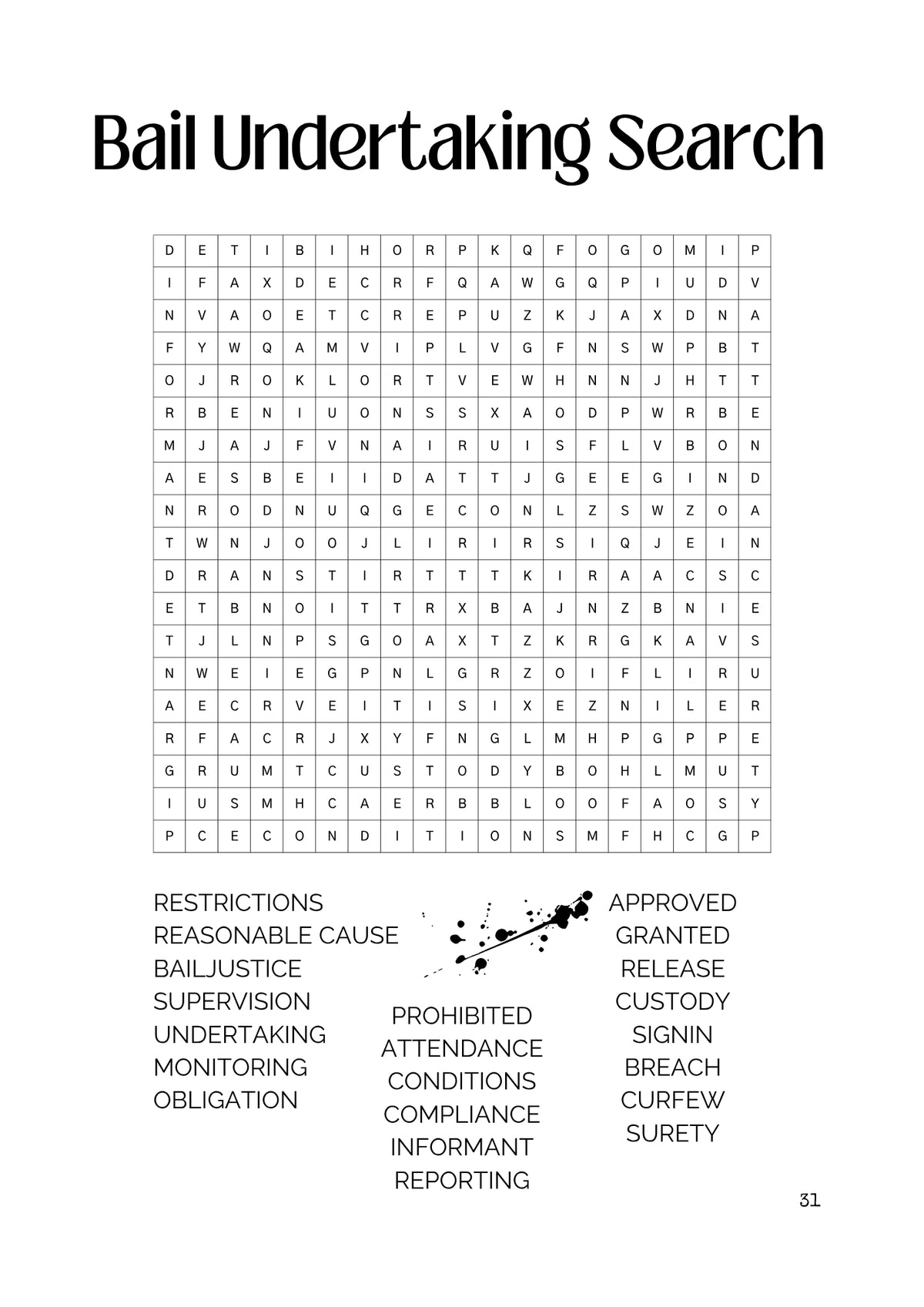 Word search puzzle titled 'Bail Undertaking Search' with various legal and detention-related terms, black and white grid
