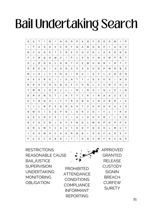 Word search puzzle titled 'Bail Undertaking Search' with various legal and detention-related terms, black and white grid