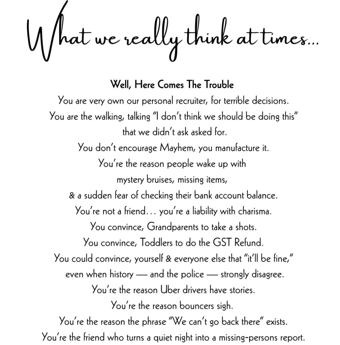 Poem titled 'What we really think at times' on a white background