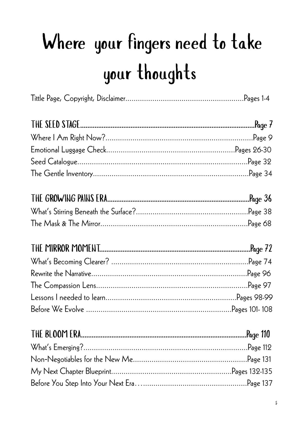 table of contents page from I Only Grow Where the Bullshit Doesn’t - Prompt Journal - Ink & Attitude Bookstore white background black text 