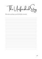 Page from 'The Unfinished Story' journal with handwritten number 64 in the bottom right corner, lined space for writing, minimalistic design
