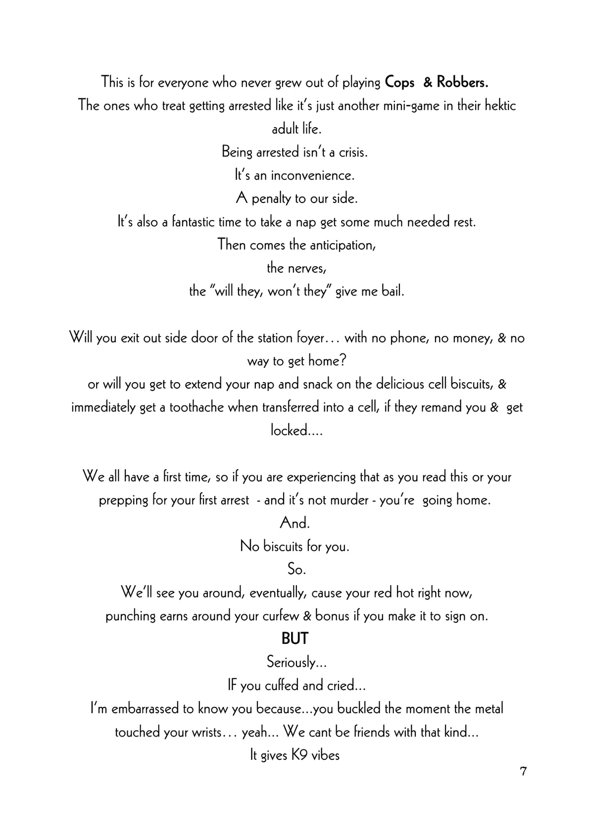 Introduction page to Come Play With Me I'm on Bail - white background and black font, 