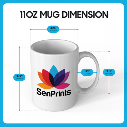 White 11oz mug featuring a colorful flower design and the text "SenPrints," with dimensions displayed around it.