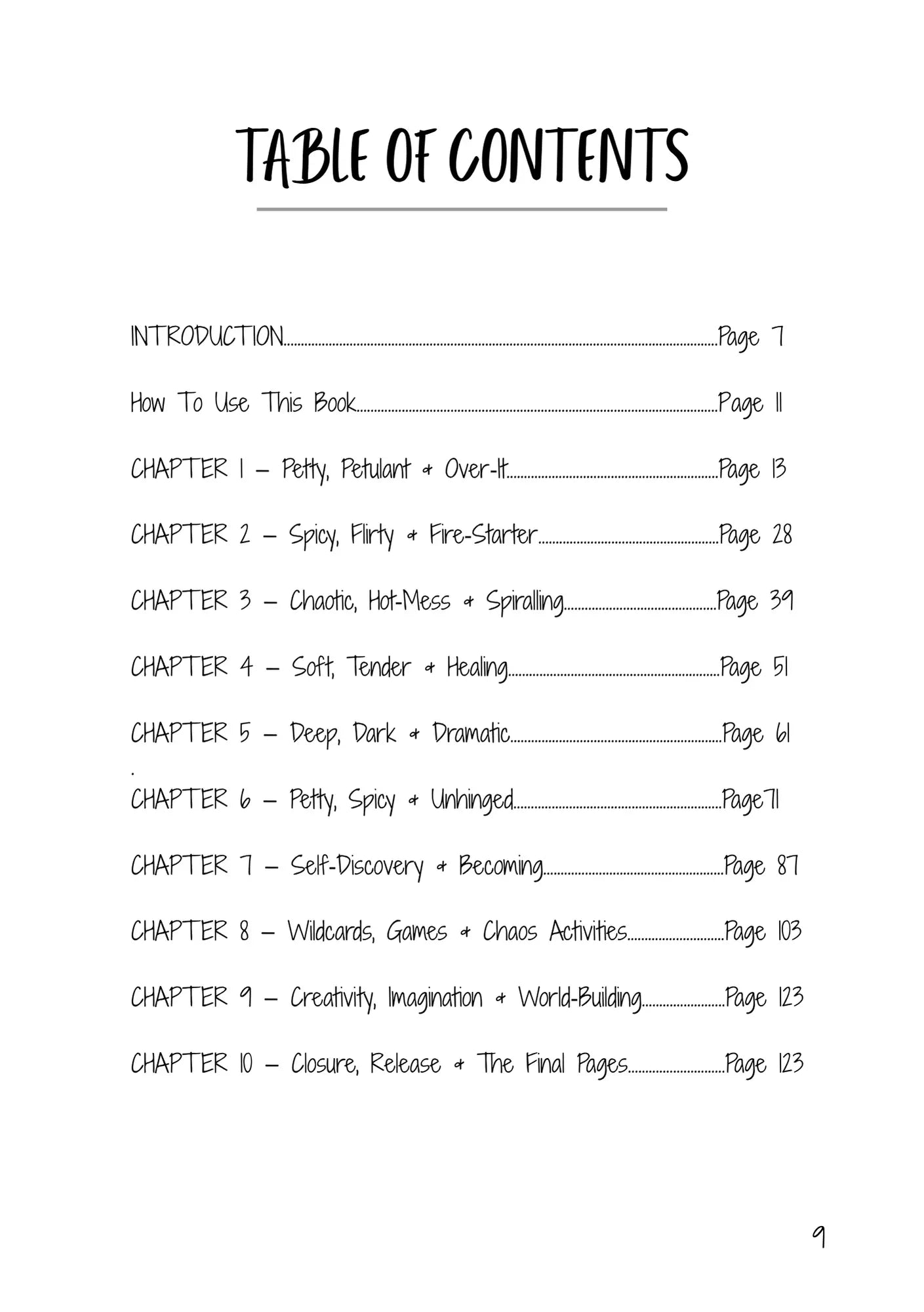 Table of contents for the Adult Prompt Journal - Ink & Attitude, featuring chapter titles and page numbers.