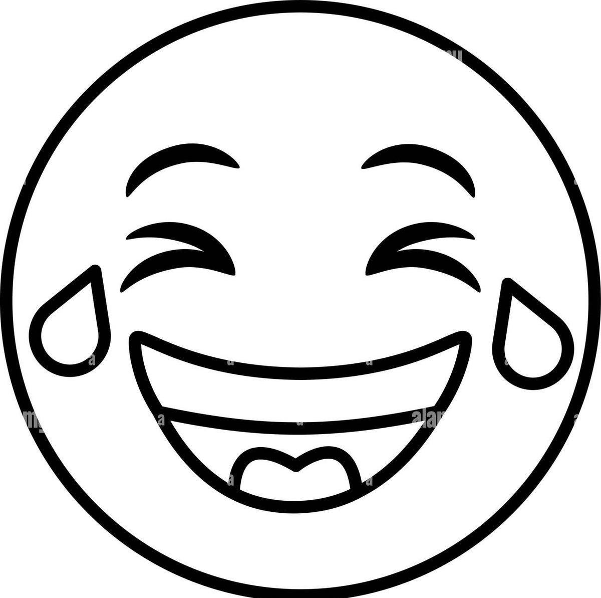 Black and white laughing crying emoji face outline on a white background.