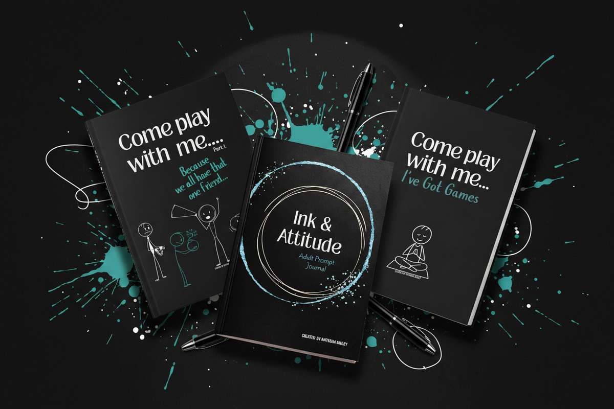 Activity Books with Black background and teal paint splattered with pens 