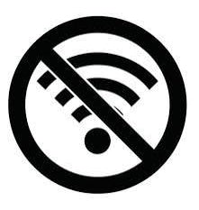 A black circular prohibition symbol with a slash over a stylized signal icon, centered on a plain white background.