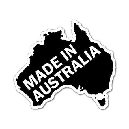 A die-cut sticker shaped like the outline of Australia, filled with a black background and the words “MADE IN AUSTRALIA” in large white diagonal letters, shown on a plain white background.
